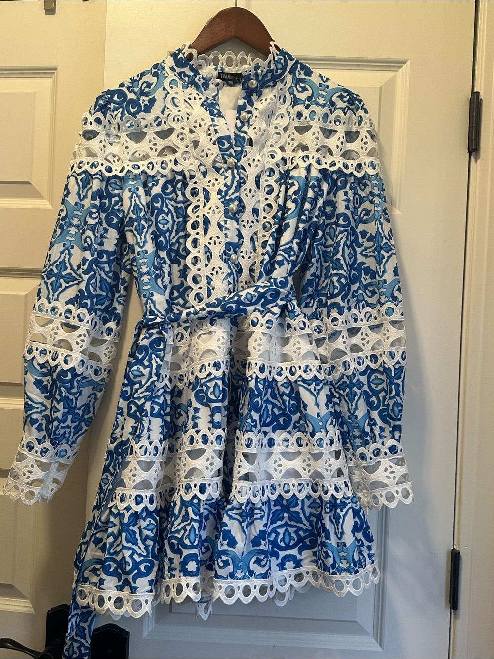 Ina Blue and White Lace-Trim Midi Dress